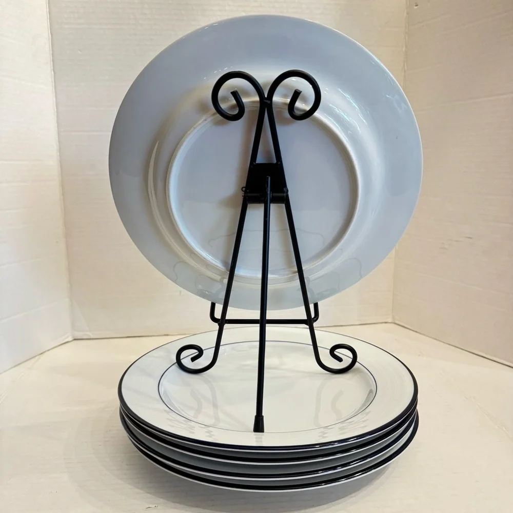 Lot of 2 Crate & Barrel Spal Porcelain Roulette Blue Trim 10 5/8” Dinner Plate